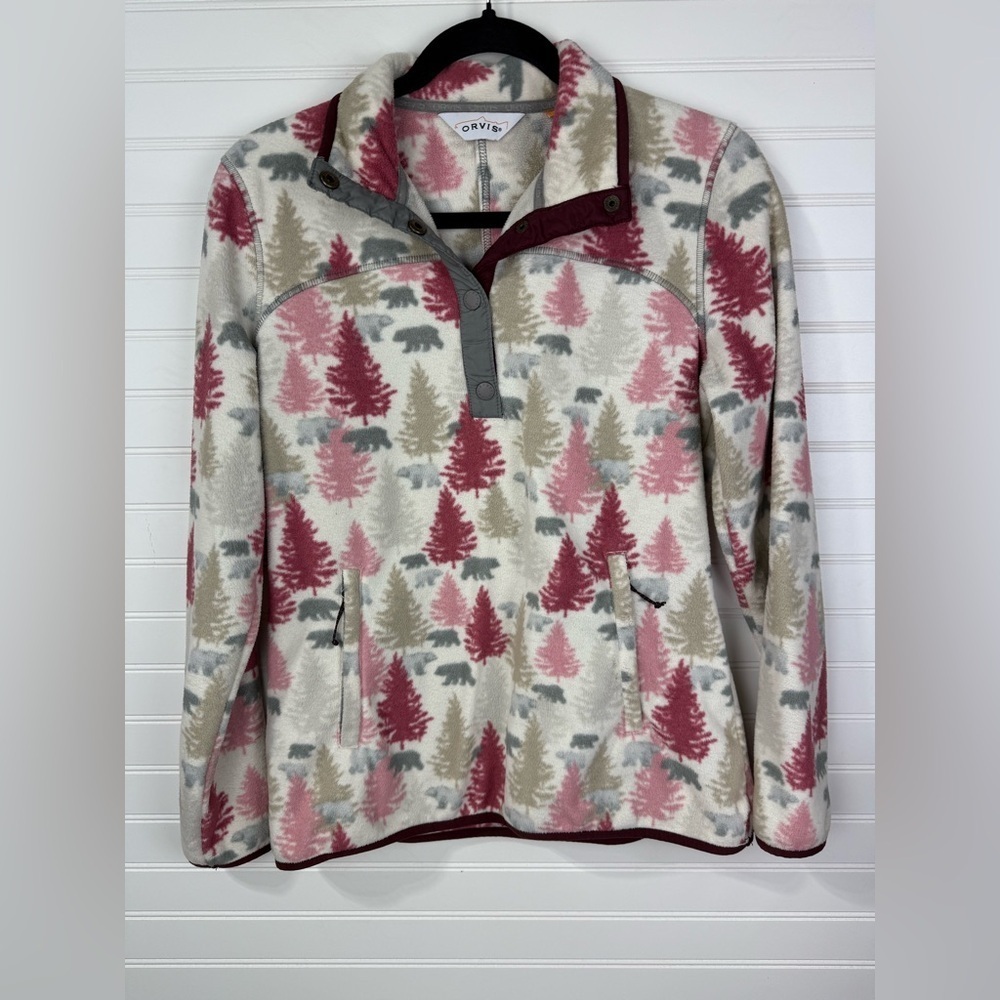 Orvis bear print pullover fleece sweatshirt. Size Small.
